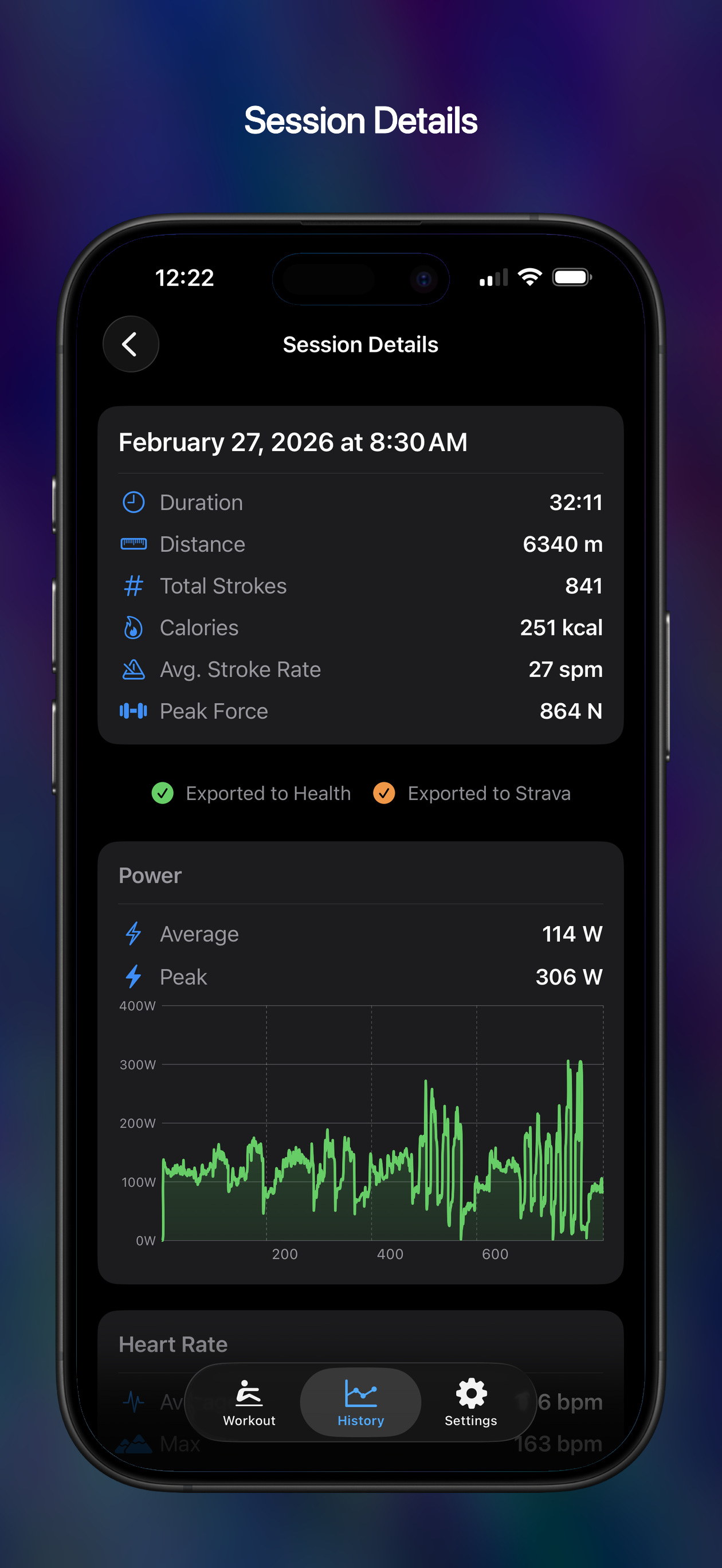 Session details with power and heart rate graphs
