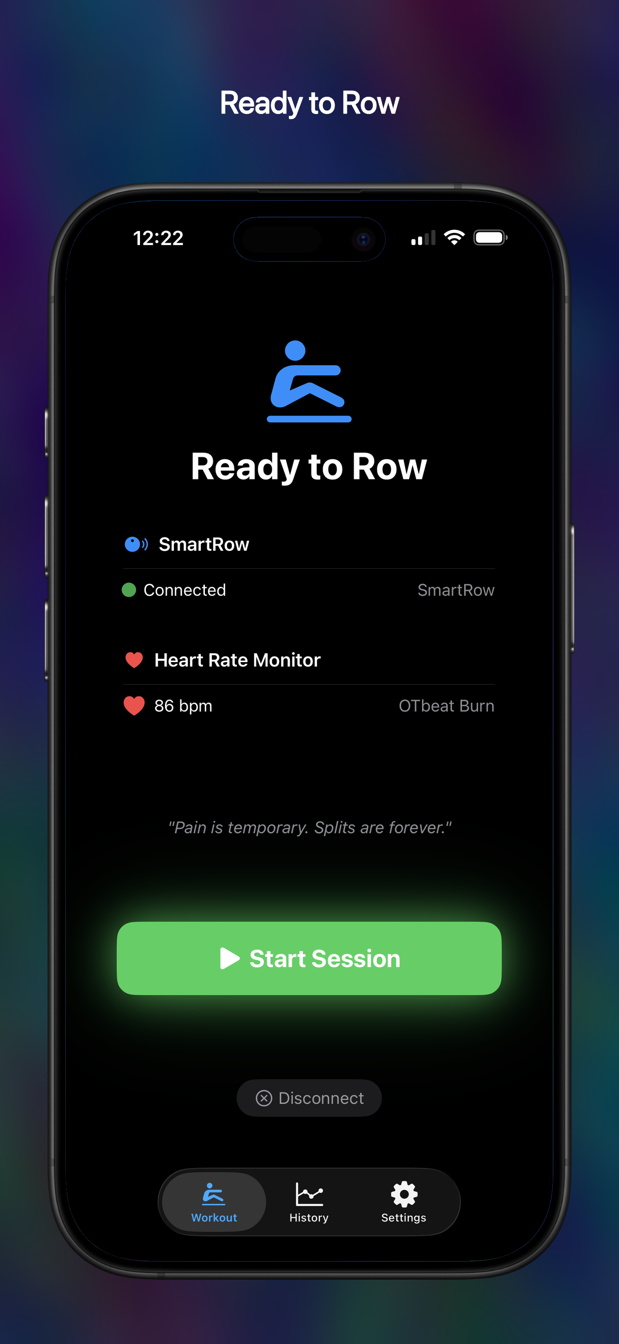 Ready to Row screen with connection status