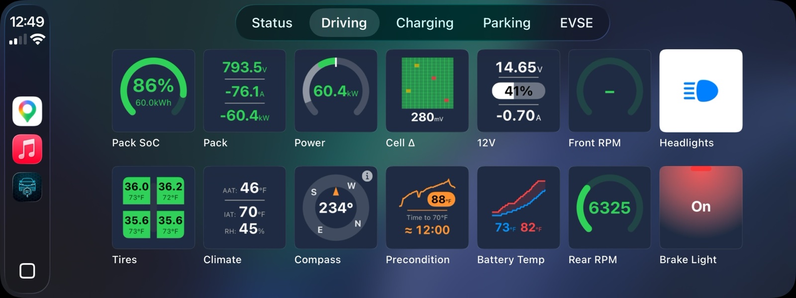 IONIQ 5 Companion running in Apple CarPlay with live telemetry chips