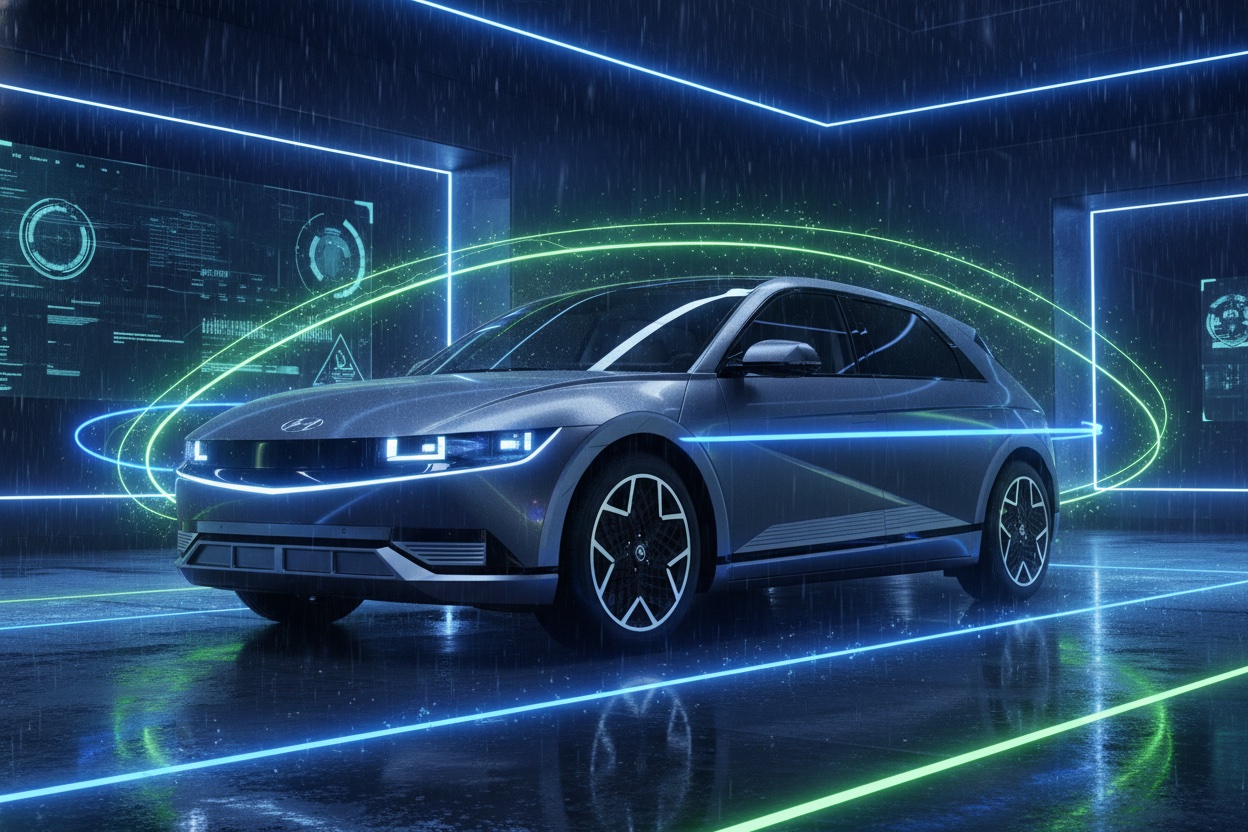 An EV in a neon-lit studio with telemetry light trails